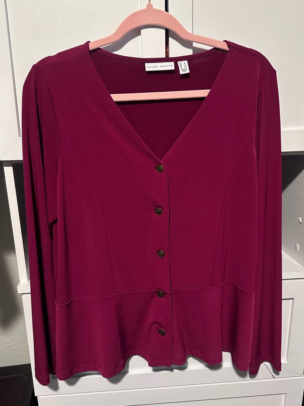 Susan Graver Berry Burgundy Button Front Top Size Large Long Sleeve Workwear